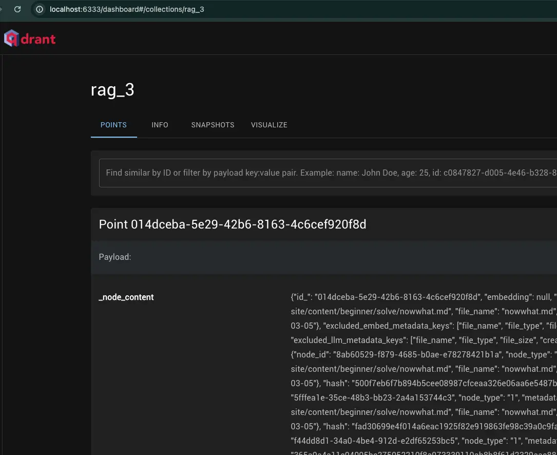 Screenshot of Qdrant WebUI indicating there's now data in the db