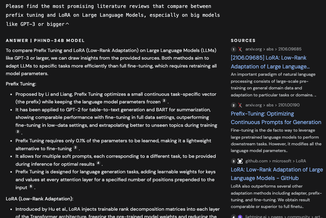Screenshot of Phind: literature review