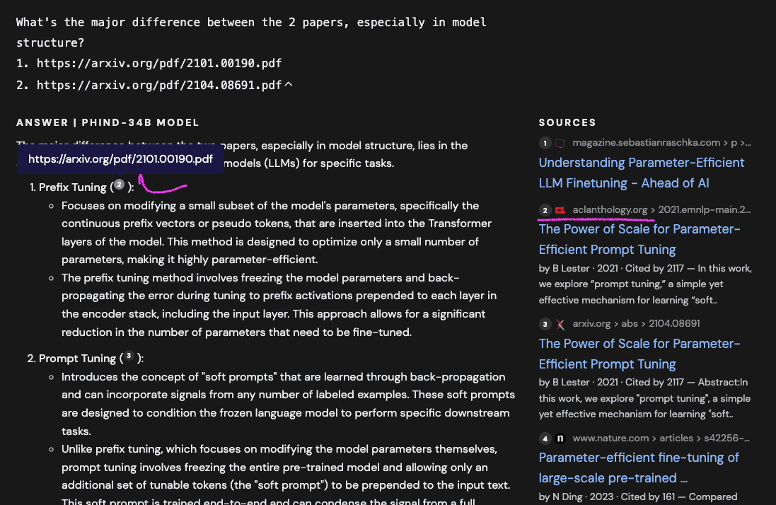 Screenshot of Phind: PDFs from URLs