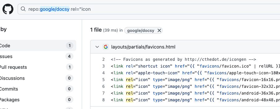 github search favicon in Docsy theme
