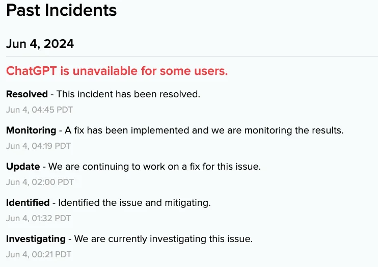 Incident list of OpenAI services, including status, recovered or not, etc