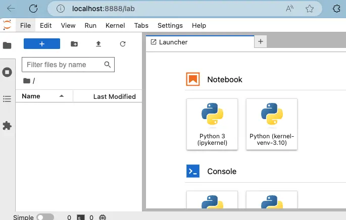 JupyterLab creenshot that shows a new kernel which your notebook can run on